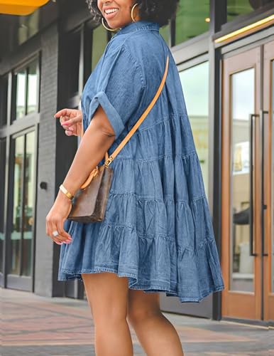 Image of Womens Denim Babydoll Dresses Summer Outfits Button Down Ruffle Tiered Jean Dress