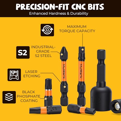 Image of MulWark 63-Piece Impact Driver Bit Set, Impact Rated S2 Steel Impact Bit Set with Color-Coded Torx Bit and Magnetizer, Professional Tool Kit for Impact Drivers, DIY, and Construction