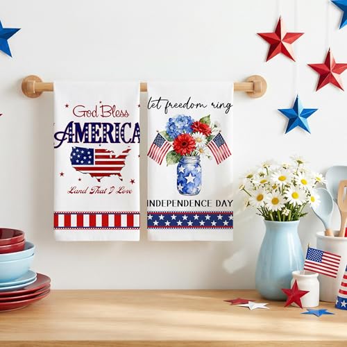 Image of Hexagram 4th of July Kitchen Towels, Patriotic Hand Towel for Bathroom, 4th of July Decor for Kitchen, Memorial Day, Independence Day Dish Towel, Patriotic Dceor for Bathroom