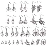 SUNNYCLUE 1 Box 10 Paare DIY Gothic Halloween Ohrringe Schmuckherstellung Kit Schädel Anhänger Kürbis Charme Spinne Hexe Supplies Crafting Antik Silber