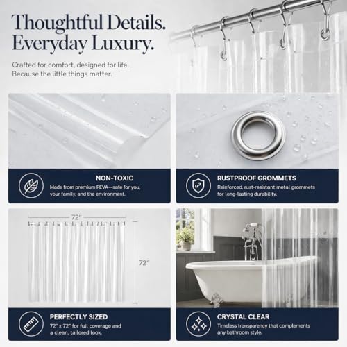 Image of EHZNZIE White Shower Curtain Liner 72x72, PEVA Waterproof Bath Curtain, No Chemical Smell, 3 Weighted Magnets, Durable with Rustproof Metal Grommets