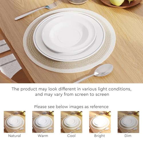Image of Dining Table Mats Set of 4 | Cotton Table Mat 32 cm Diameter, Encasa XO Washable Round Table Mats, Heat Resistance Dining Table Placemats, Handmade Ribbed Style for Centre Table, Beige & Off White