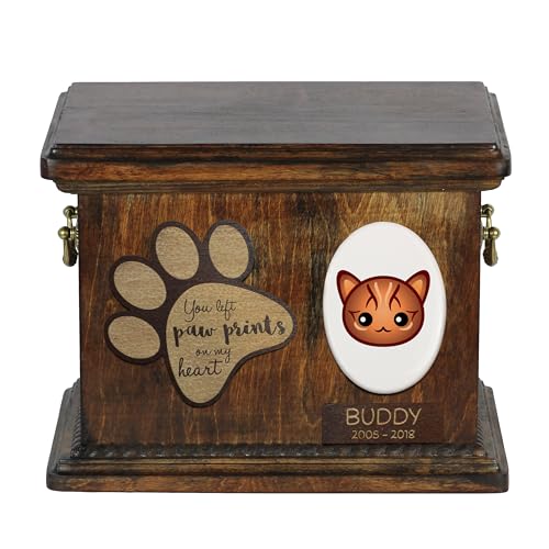 Boîte en bois faite à la main et urne chat Bengale au design géométrique