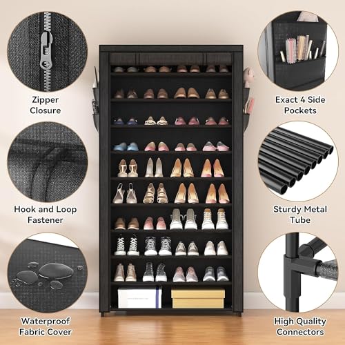 ROJASOP 10 Tier Shoe Rack with Covers,Large Capacity Stackable Tall Shoe Shelf Storage to 50-55 Pairs Shoes and Boots Sturdy Vertical Shoe Rack Organizer for Closet Entryway Garage Bedroom - Image 5