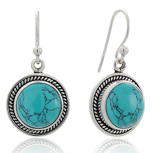 925 Sterling Silver Blue Turquoise Gemstone Rope Edge Round Dangle Hook Earrings 1.2"