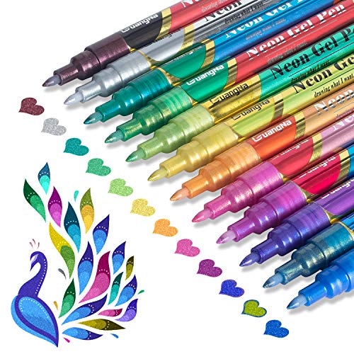 Glitter Metallic Paint Pens, Sparkle Water Based Markers Outline Pen, 12 Assorted Colors
