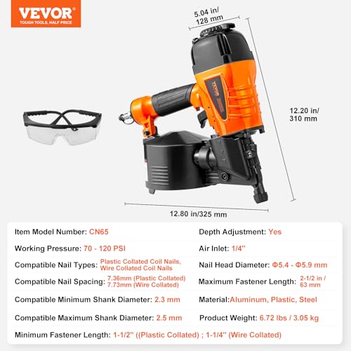 Image of VEVOR Coil Siding Nailer CN65, 1-1 /4 inch to 2-1 /2 inch 15 Degree Pneumatic Siding Nail Gun with Tool-Less Depth Adjustment, 70-120PSI Air Coil Nailer for Siding, Pallet Sheathing, Wooding, Fencing, Decking