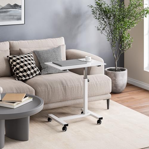 Image of Seville Classics Solid-Top Height Adjustable Mobile Laptop Computer Desk Cart Ergonomic Home Office Stand Rolling Table, Overbed (23.6 inch), White