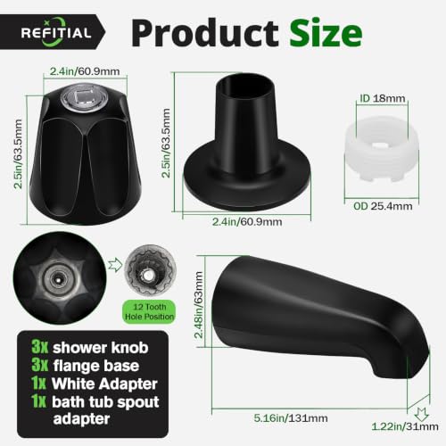 Juego de 3 piezas para ducha y bañera en negro mate - Perillas de ducha y pico para bañera para grifo Price/Pfister Verve de 3 manijas, compatible con rosca macho de 1/2", rosca hembra IPS de 3/4" y tubo de cobre de 1/2" miniatura 3