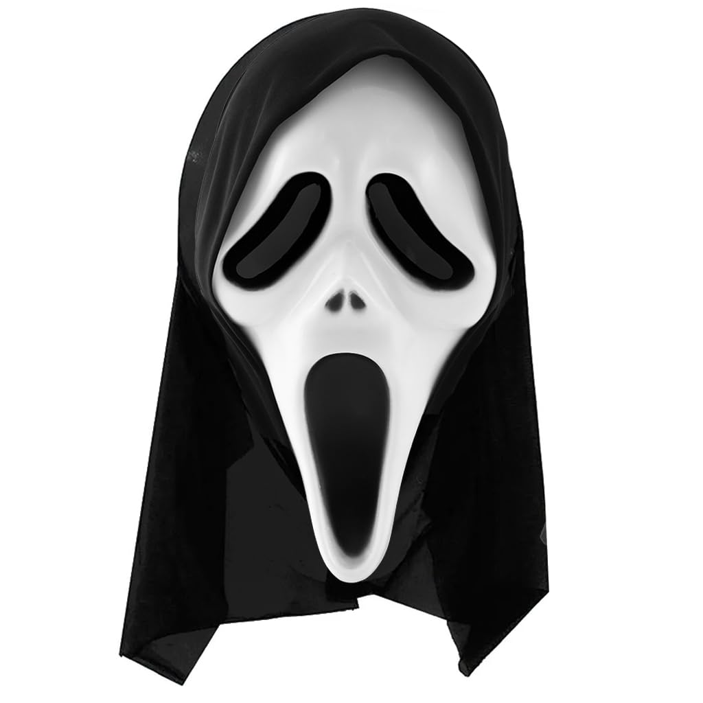 Screamer Halloween Mask for Adults – White Ghost Face with Black Hood – Scary Horror Costume Accessory for Spooky Dress-Up, Haunted Houses, Cosplay & Themed Parties