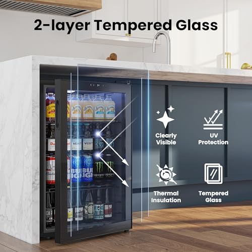 Image of Yeego Beverage Refrigerator, 155 Can Mini Fridge with Glass Door, Adjustable Shelves, Digital Temperature Control 34F-54F, Drink Cooler for Soda, Beer and Wine, Freestanding or Under Counter, Black