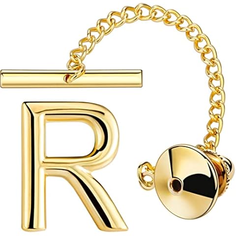 AMITER Men Tie Tack Initial Silver Gold Tie Pin with Chain - Best Accessories for Necktie, Bow Tie, Hat and Suspenders, Brass, letter Cover