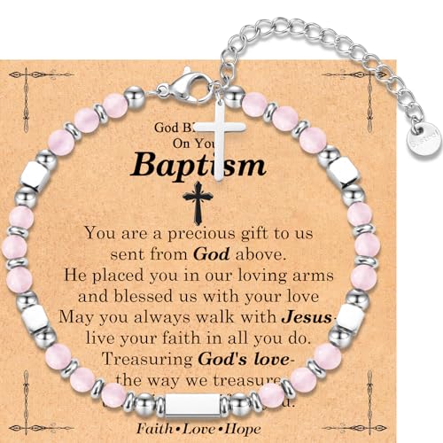 First Communion Baptism Confirmation Easter Basket Stuffers Gifts for Teenage Girls -Cross Beaded Bracelet for Girls Daughter Granddaughter Niece Sister with Baptism First Communion Confirmation Card