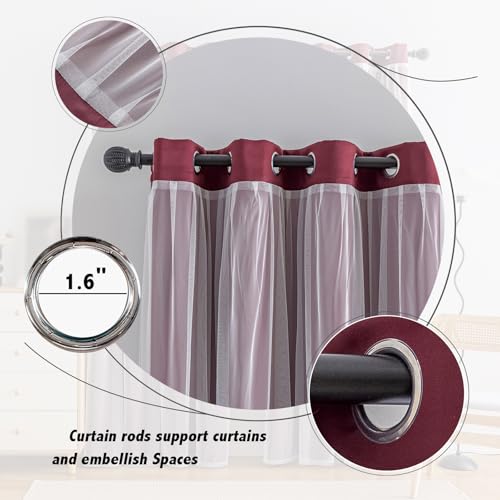 Image of Anytime Double Layer Blackout Curtains 2 Panels,52Wx120L,Wine Red | Sheer And Fabric Window Drapes Grommet Top Solid Color Bedroom Living Room Home Decor