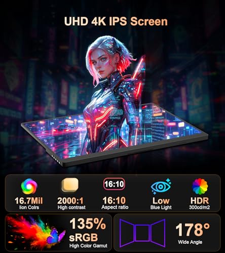 Image of 4K Portable Monitor - 15.6 inch UHD 3840 * 2400 16:10 450 Nits 135% sRGB IPS Screen with 2 USB-C & HDMI Ports for Laptop /Mac /PC /PS5 /Xbox with Speakers Stand,VESA Compatible(Metallic Black)