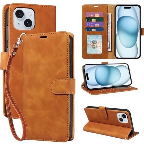 JHWVVTF Wallet Case for iPhone 15 6.1 inch, RFID Blocking 4 Card Slots Holder, Wrist Strap, Shockproof Protective Stand Soft Leather Folio Flip Phone Cover (Brown) by JHWVVTF - Used condition - US$7.54