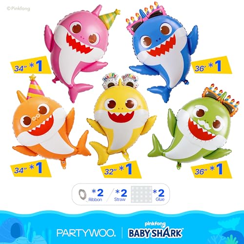Image of PartyWoo Baby Shark Family Foil Balloons 5pcs 36 34 32 Inch Baby Shark Family Mylar Helium Birthday Balloons for Boys and Girls Children Under the Sea Ocean Theme Kids Birthday Party Decorations