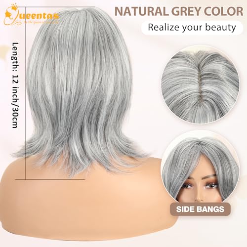 Image of 12 IN Black Mixed Grey Silver Layered Wig for Women with Curtain Bangs