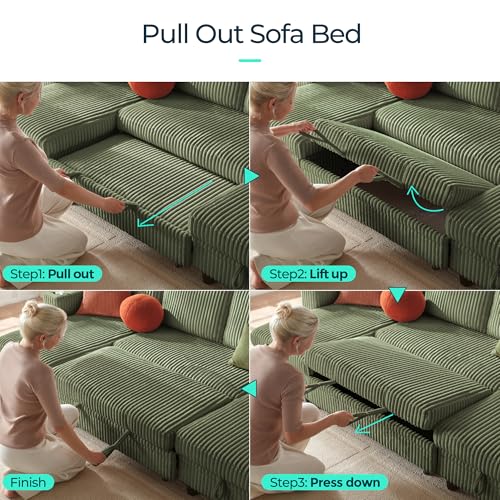 Image of LINSY HOME Sectional Sleeper Sofa Pull Out Couches for Living Room (Green, Sleeper Sofa 3) | Pull Out Sofa Bed, Storage, USB Charging, Cup Holders, Plush Corduroy