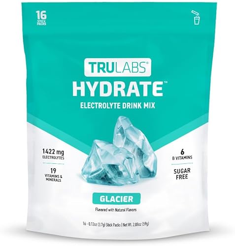 TRULABS Hidrata - Glaciar. Paquetes de hidratación de electrolitos sin azúcar. Cada porción contiene 1422 mg de electrolitos y 19 vitaminas y