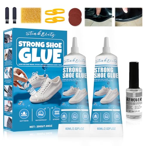 StinkBlitz Pegamento para Zapatos, Pegamento Zapatos Extrafuerte, Adhesivo para zapatos Profesional, Adhesivo Reparación Calzado Extra Fuerte, Transparentte e Impermeable Reparación de Shoe (60ml*2)