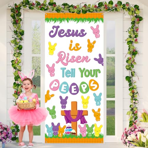 Easter Door Cover 79 x 35In Bunny Cross Door Decoration Jesus Is Risen Religious Front Doors Banner Porch Sign for Jesus Spring Holiday Party Supplies Church School Home Wall Hanging Backdrop