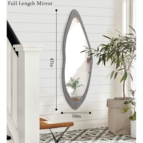 Image of AAZZKANG Wood Mirror Full Length Irregular Large 47 inchx16 inch Asymmetrical Full Body Mirrors for Bedroom Living Room Entryway Dressing Room Gray