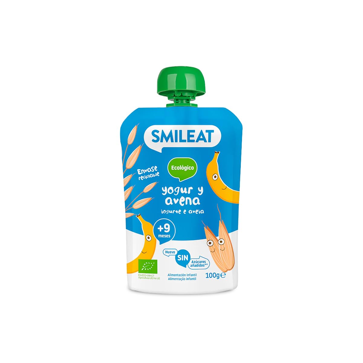 Smileat - Pouch de Frutas Ecológicas - Sin Sal ni Azúcar Añadido, Sin Gluten - Snack Práctico para Peques - Sabor a Yogur Avena