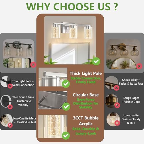 Image of DORESshop 3-Light Brushed Nickel Bathroom Lighting Fixtures Over Mirror, LED Vanity Light for Bathroom with Crystal Bubble, White /Neutral /Warm Dimmable Vanity Lighting Fixtures with Clear Glass Shade