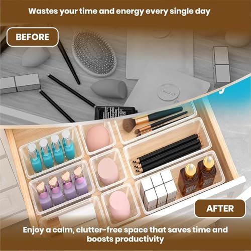 Image of 6-Piece Clear Desk Drawer Organizer Trays Set, Unbreakable Plastic Storage Containers, Bins, Bathroom Drawer Tray, Multi-Size Dividers for Office and Home Organization, 6-Piece Set
