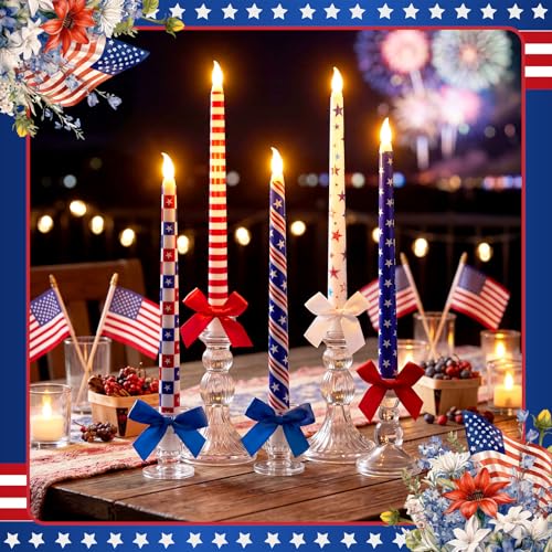 Image of Aurelema 6 Pcs 4th of July LED Flameless Candle Set 250th Anniversary Patriotic Taper Candles Battery Operated with Remote American USA Flag Bow Candles for Independence Day Decor Party Favors