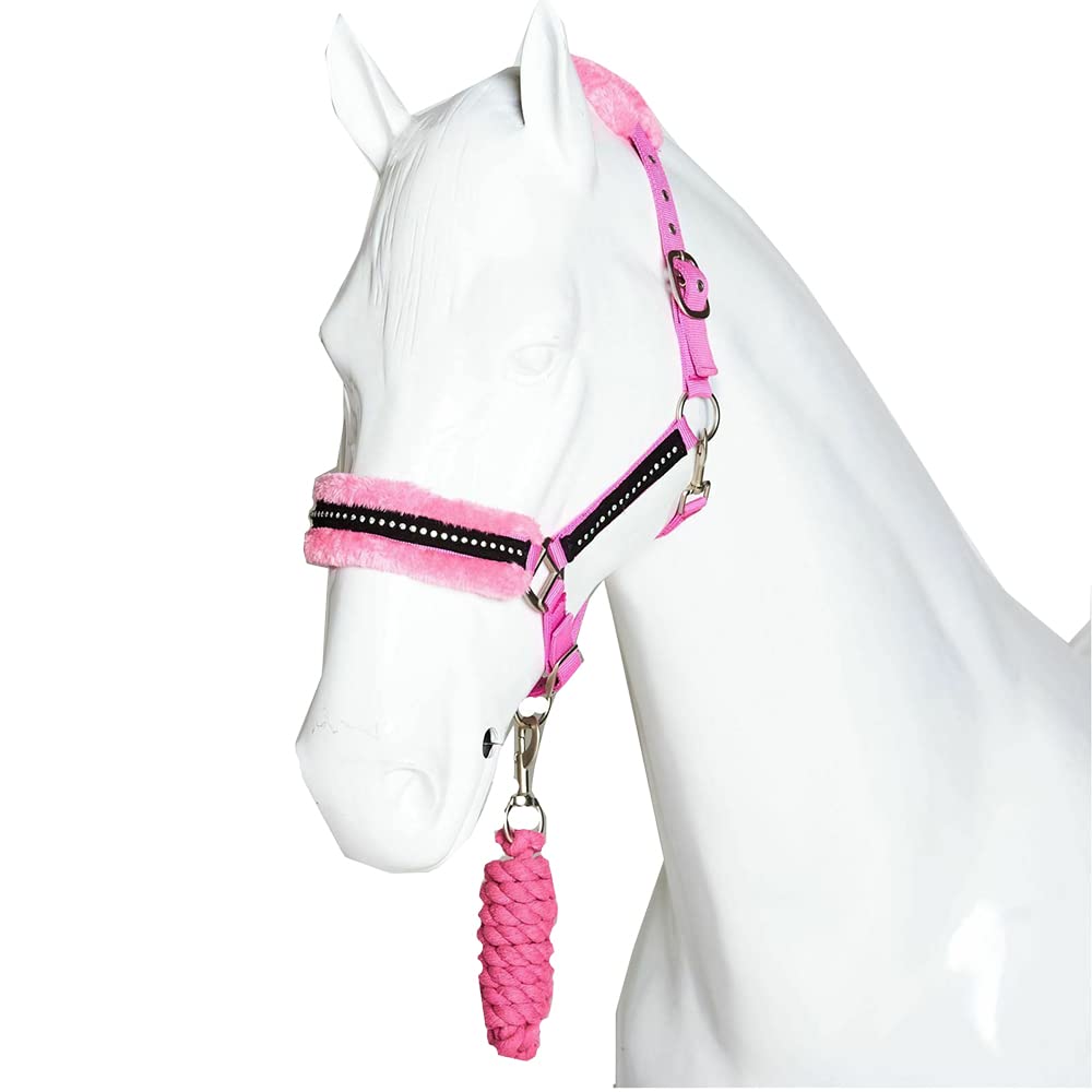 Fluffy Headcollar and Leadrope Set - Diamante Soft Fur Padded Halters for Horses - Super Flexible and Adjustable Pony Controller Equipment for Training and Outdoor Riding (Pony, Pink)