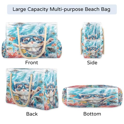 cfpolar Ocean Cat Diving Sumer Beach Bag for Women Ladies Large Beach Pool Tote Bag Sandproof Beach Tote with Zipper Gym Tote Carry On Bag Reusable Grocery Shopping Bag for Weekender Travel Daily4