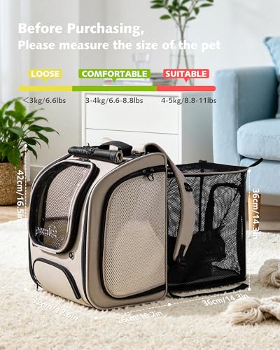 pecute Katzenrucksack Erweiterbar Bubble Haustier Rucksack mit Netzfenster, Tragbare und Faltbare Katzentasche, Atmungsaktive und Leichte Hundetasche für Hunde Katzen Haustiere, Khaki