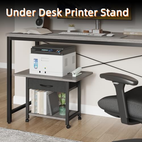 Image of YAOHUOO 22 inchx15 inch Large Printer Stand with Drawer, 2-Tier Rolling Table Cart | Under Desk Printer Table,Storage Fabric Drawer,Fit printer /fax /3d /scanner,4 Lock Wheels or Feet,For Home Office Dorms,Gray