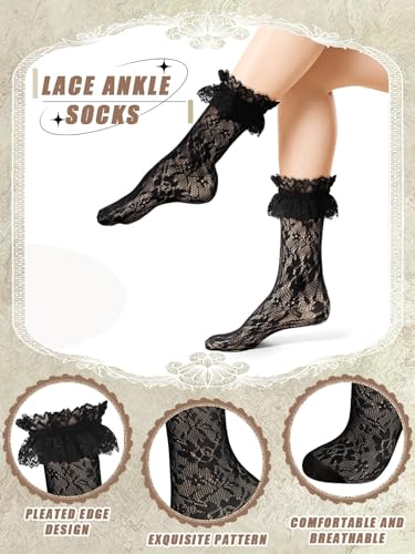 6 Pairs Womens Lace Ankle Socks Ruffle Frilly Sock Mesh Lace Trim Sock for Women Princess Accessories2