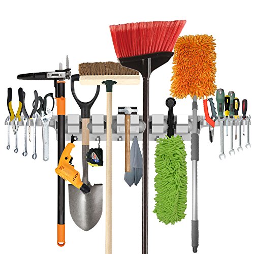 Utility Broom Mop Holder Wall Mounted Organizer Tool Storage Hanger Racks for Kitchen Garden Garage, 6 Positions 6 Hooks and 2-Tool Platforms