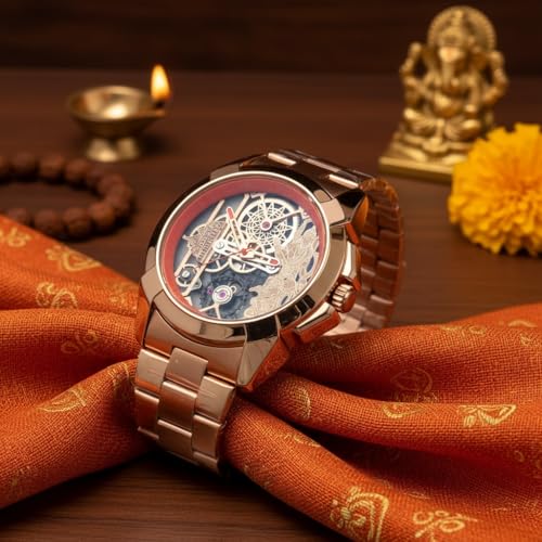 Image of Shree Ram Skeleton Watch, Ayodhya Mandir Theme, Mechanical Look Quartz, Stainless Steel Metal Bracelet, Round Dial with Deity Engraving for Man and Boyes