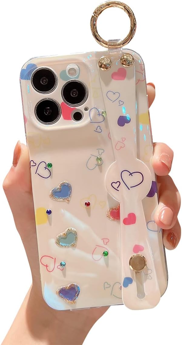 Lastma iPhone 13 Pro Max Case Cute with Wrist Strap Kickstand Glitter Bling Cartoon IMD Soft TPU Shockproof Protective Cases Cover for Girls and Women - Heart
