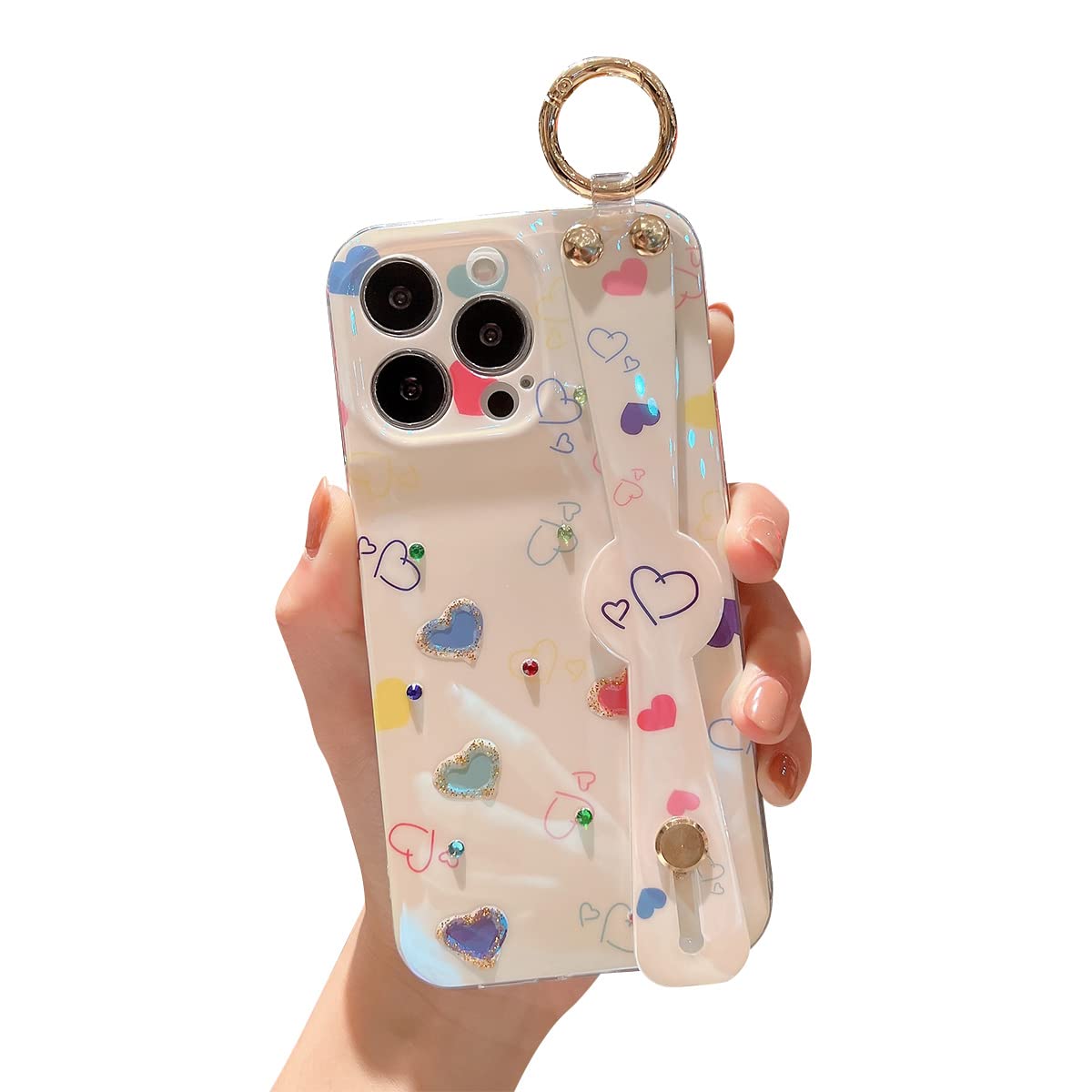 Lastma iPhone 13 Pro Max Case Cute with Wrist Strap Kickstand Glitter Bling Cartoon IMD Soft TPU Shockproof Protective Cases Cover for Girls and Women - Heart