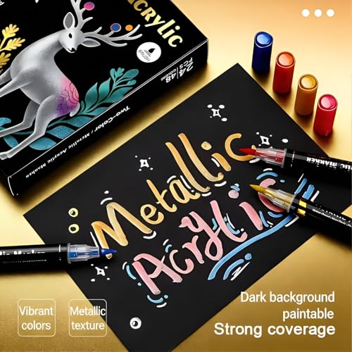 Image of Shopiable Store Dual-Tip Two-Color Metallic Acrylic Markers Set | Brush & Fine Tip | Waterproof, Quick Dry, High-Pigment Paint Pens for Rock, Glass, Wood, Canvas & DIY Crafts (12 Colors 6 Pcs)