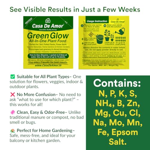 Image of Casa De Amor Green Glow- All In One Plant Food | Complete Nutrition with NPK & Micronutrients | For All Indoor, Outdoor, Balcony Plants | 10 Sachets (200g) | Fast Growth & Flowering