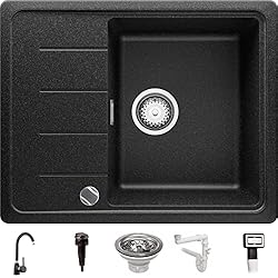 Fregadero Cristal Negro Fregadero Cocina 62 x 50 cm, Fregadero Granito Un Seno + Grifo + Sifón Automático, Fregadero Empotrado con Escurridor Copenhagen 620 de Primagran, Grafito