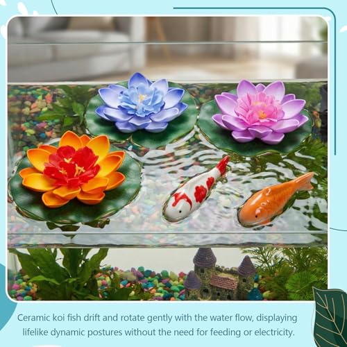 Image of Willinglong 2 Pcs Ceramic Floating Koi Fish 5 Pcs Artificial Foam Lotus Flower with Water Lily Floating Fake Fish Goldfish Koi Decor for Pond Fountain Birdbath Fake Aquarium Decor
