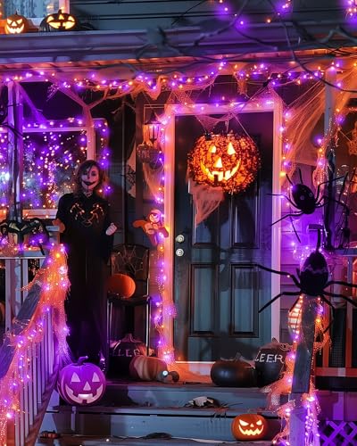 Image of Halloween Fairy Lights Battery Operated, 10 Feet 120LEDs Firecracker String Lights, Silver Wire Starry Firefly Lights for Bedroom Home Haunted House Indoor Outdoor Holiday Decorations, Orange & Purple | Waterproof Silver Wire Starry Firefly Lights for DIY Home Haunted House Indoor Outdoor Halloween Decorations, Orange & Purple