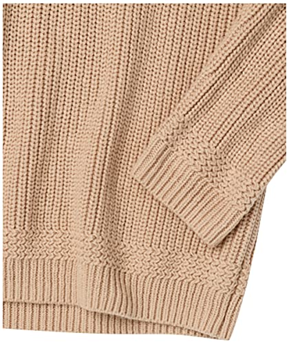Image of Cable Stitch Women's Half Zip Cotton Pullover Sweater - Solid V-Neck Collar Loose Rib-Knit Long Sleeve Top