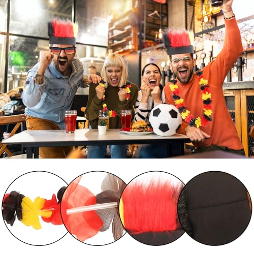 LEIMEND 3 Stück Deutschland Fanartikel Deutschland Perücke Sonnenbrille Schwarz Rot Gold Blumenkette Hawaii Kette Blumen Fussball EM 2026 Fan für Europameisterschaft Fanartikel Frauen und Männer