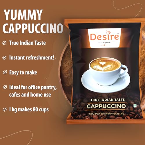 Image of Desire Coffee Premix-Cappuccino Coffee Premix For Vending Machine, Coffee Powder Bag For Coffee Machine Or Manual Use-1 Kg Pack Serves 80 Cups-Just Add Hot Water & Enjoy