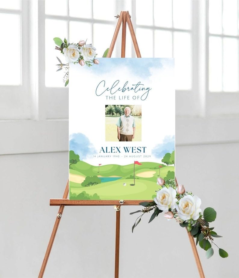 Generic Personalized Golf Memorial Poster, Golfer Funeral Welcome Sign, Custom Funeral Entrance Board, Celebration Of Life Welcome Sign, Portrait, 12 X 18 Inches, Indoor, Wall Mount, Satin Finish