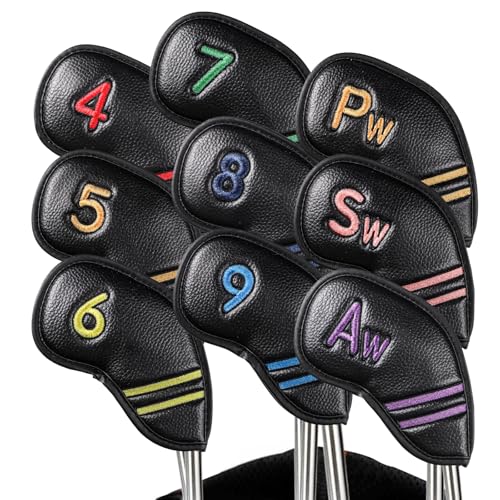 Image of FINGER TEN Golf Club Iron Head Covers Value 9 Pack, Synthetic Leather with Double-Sided Colorful Embroidery Number Label, Protection Accessories Fits Most Iron Clubs for Men Women (Black)